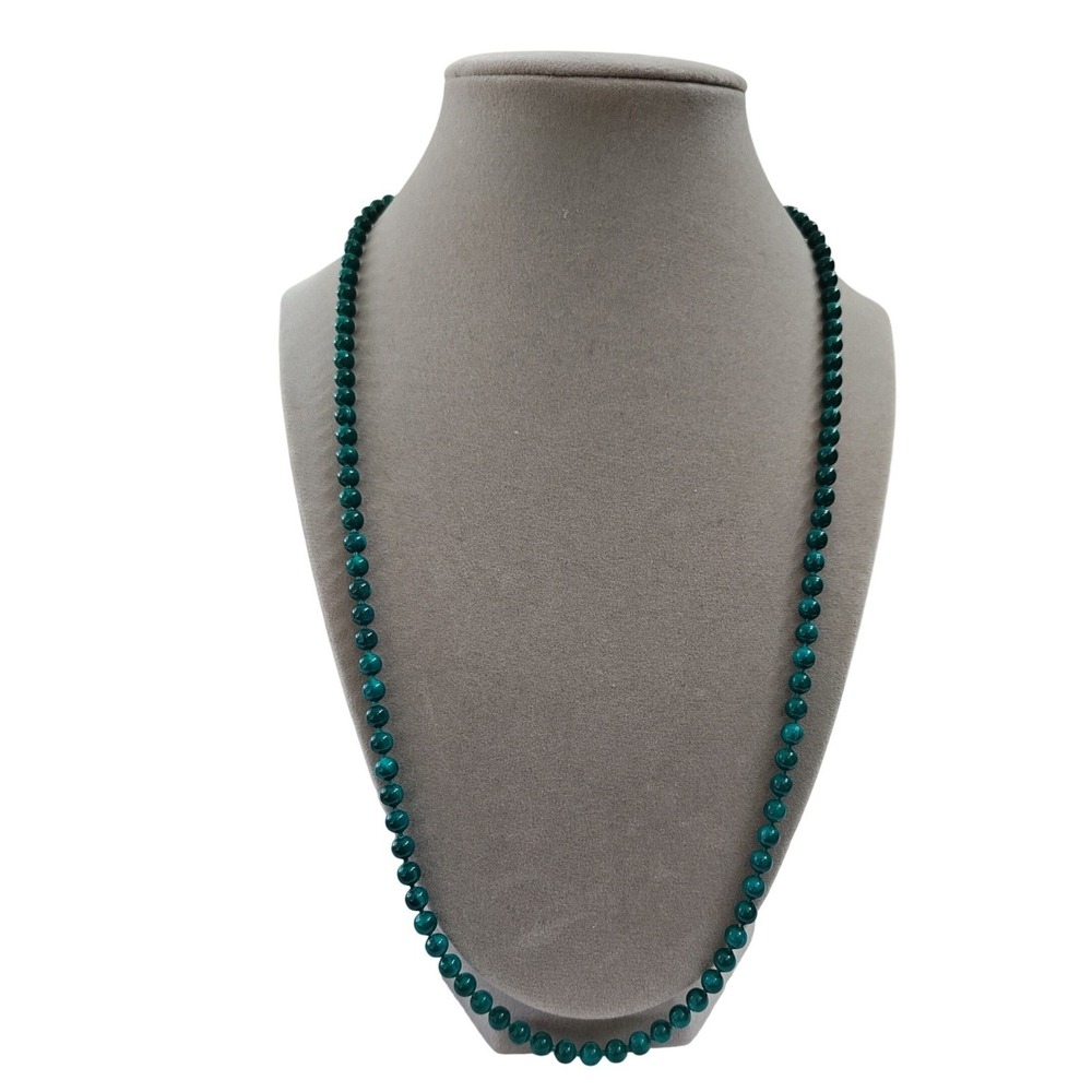 Beaded Necklace Emerald Green Polished Round Strand Gold Tone Clasp